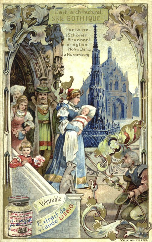 gotická architektura; Fontána Schoener Brunnen a Frauenkirche, Norimberk (chromolitho) od European School