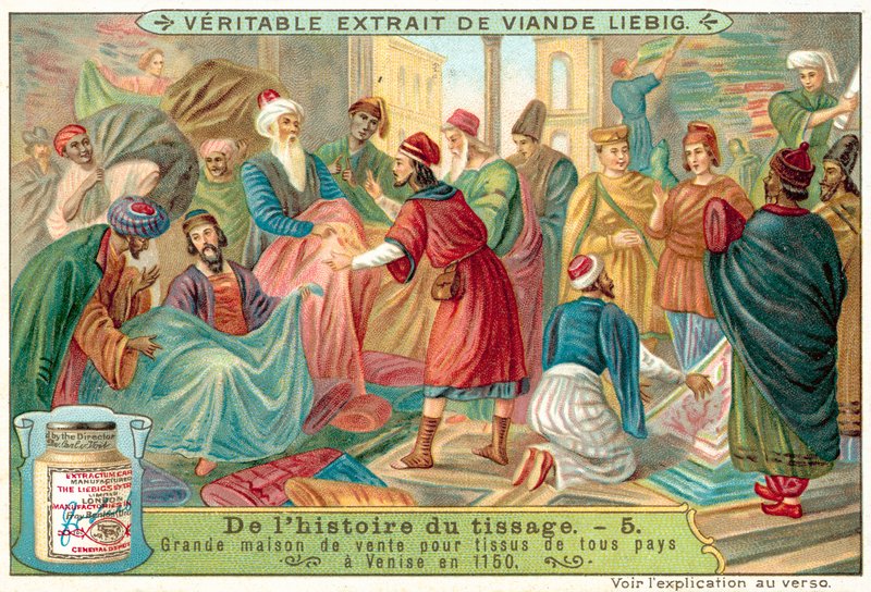 Trh v Benátkách prodávající látky z mnoha zemí, 1150 od European School
