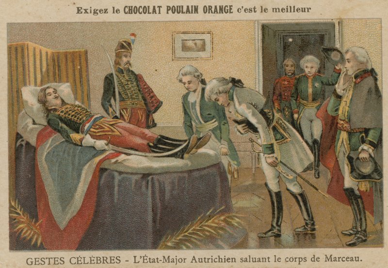 Důstojníci rakouského štábu salutující tělu generála Marceaua po jeho smrti v Altenkirchenu, Německo, 1796 od European School