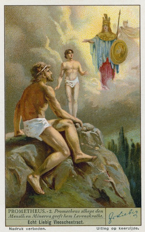 Prométheus vytváří člověka z hlíny a Athéna (Minerva) mu dává život od European School