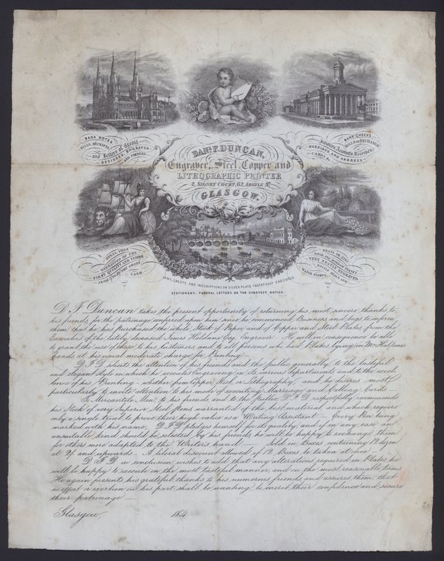 Reklama pro rytce a litografického tiskaře Daniela F. Duncana z Glasgow (litho) od European School