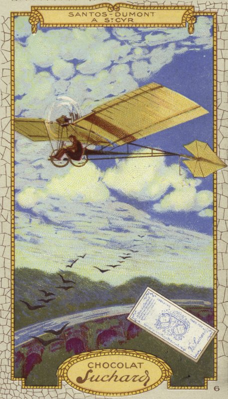 Alberto Santos-Dumont v St Cyr, Francie (chromolit) od European School
