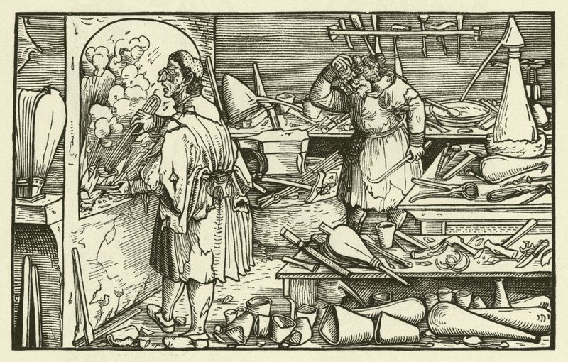 Alchymistická laboratoř v 16. století (dřevořez) od European School