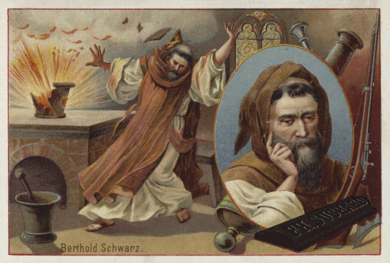 Berthold Schwarz, legendární německý alchymista ze 14. století, o kterém se tvrdí, že vynalezl střelný prach od European School