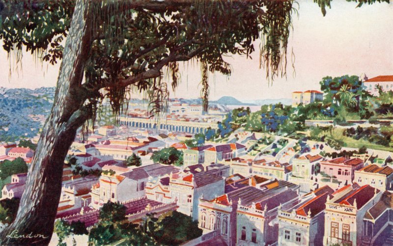 Pohled z ptačí perspektivy na starobylý viadukt Carioca, po kterém dnes jezdí elektrické tramvaje na kopec Santa Thereza, do hotelu International a na Corcovado (barevná litografie) od European School