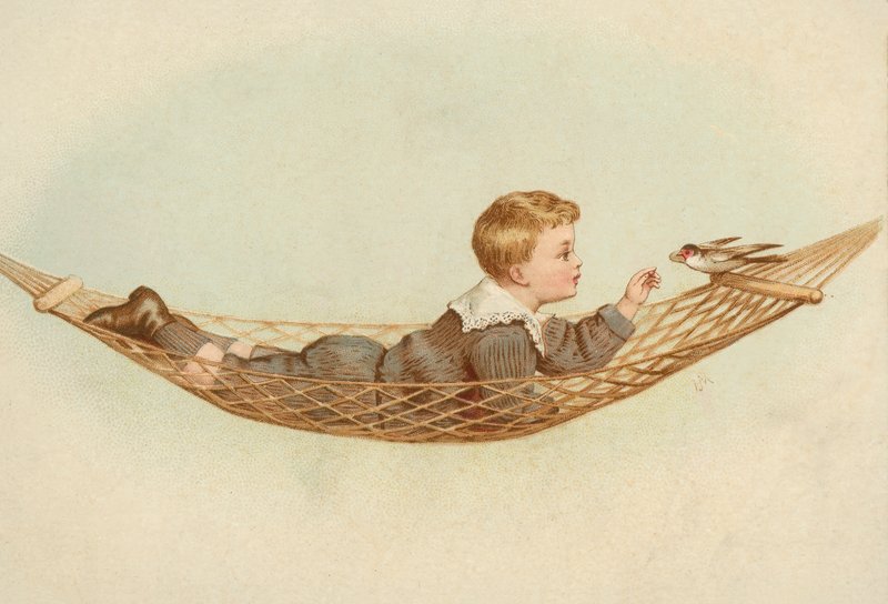 Chlapec ležící v houpací síti a krmící ptáka (chromolit) od European School