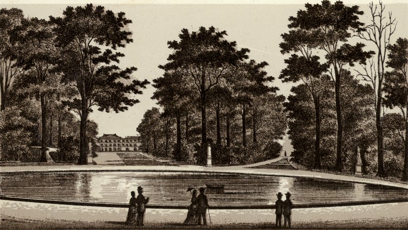 Brusel / Brusel: Pohled na park (litho) od European School