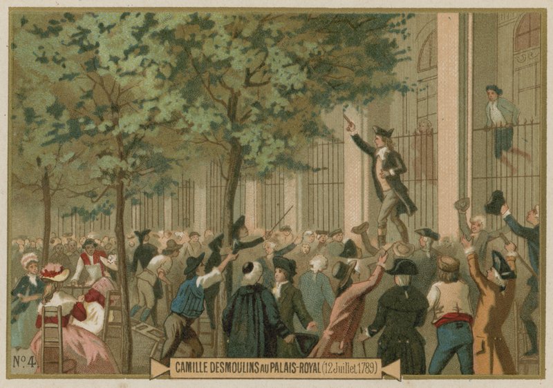 Camille Desmoulins vydává své volání do zbraně před Palais Royal, Paříž, Francouzská revoluce, 12. července 1789 od European School