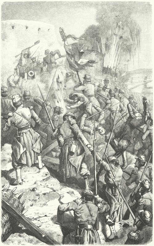 Dobytí pevnůstky Malakoff během obléhání Sevastopolu, 8. září 1855 (rytina) od European School