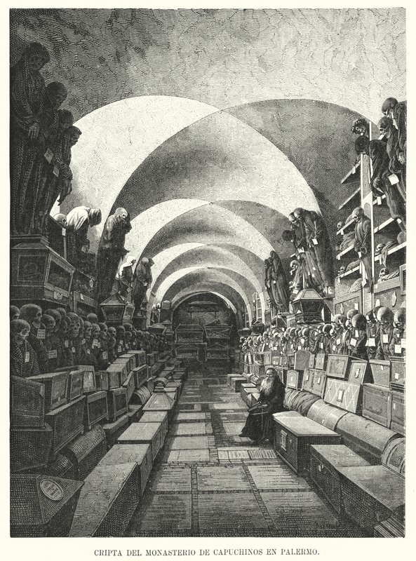 Katakomby kapucínského kláštera, Palermo, Sicílie, Itálie (litho) od European School