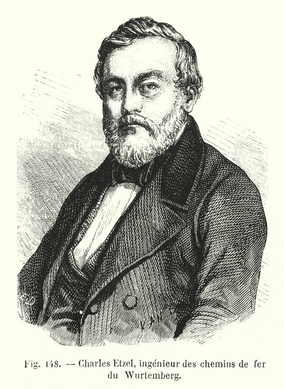 Charles Etzel, württemberský železniční inženýr (rytina) od European School