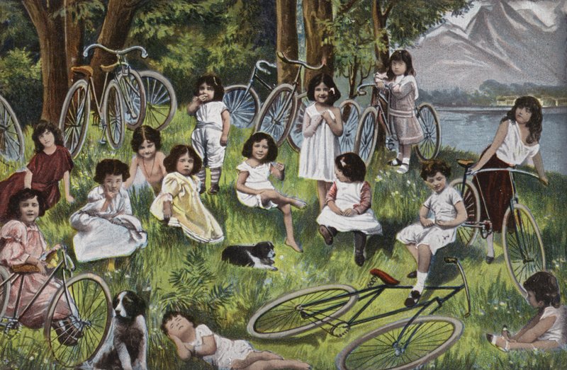 Děti a jízdní kola u jezera v Evropě (barevná litografie) od European School