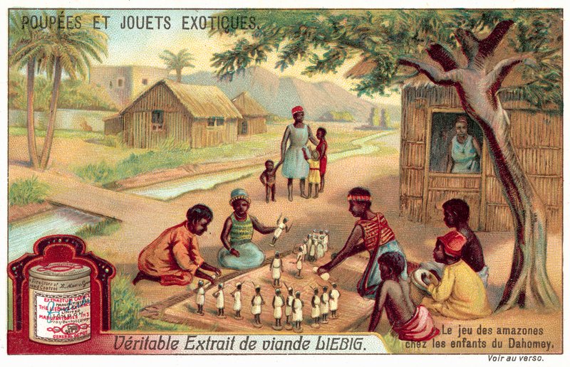 Děti hrají hru Amazonky v Dahomey (chromolitho) od European School