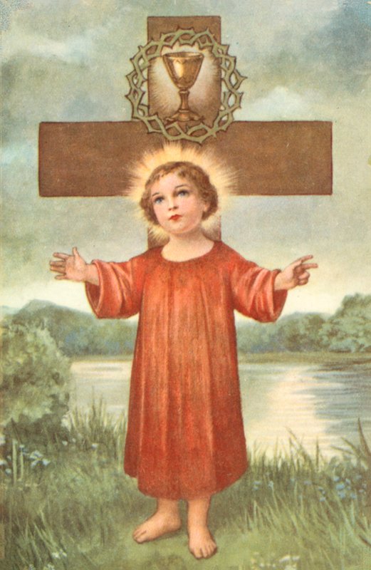 Dítě Kristus, kříž, trnová koruna a kalich na přijímání (barevná litografie) od European School