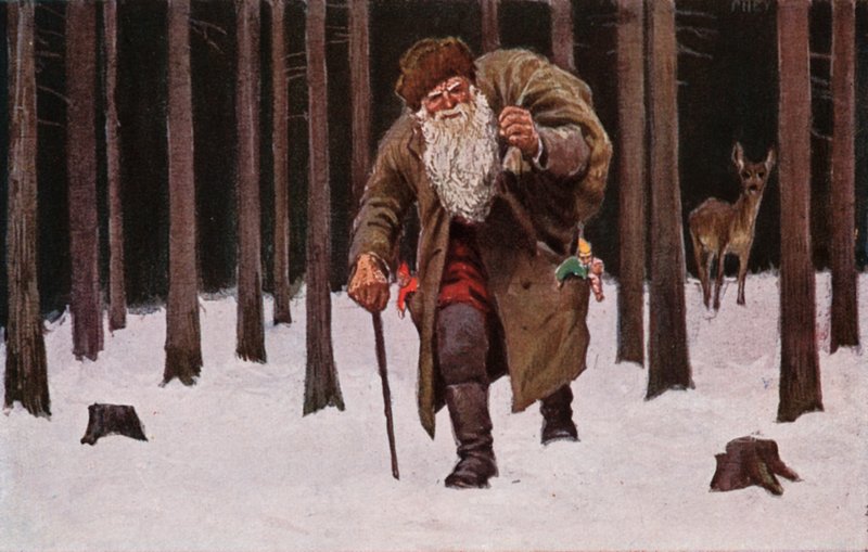Vánoční pohlednice, Santa Claus se prodírá sněhem s pytlem dárků, v pozadí jelen (barevná litografie) od European School