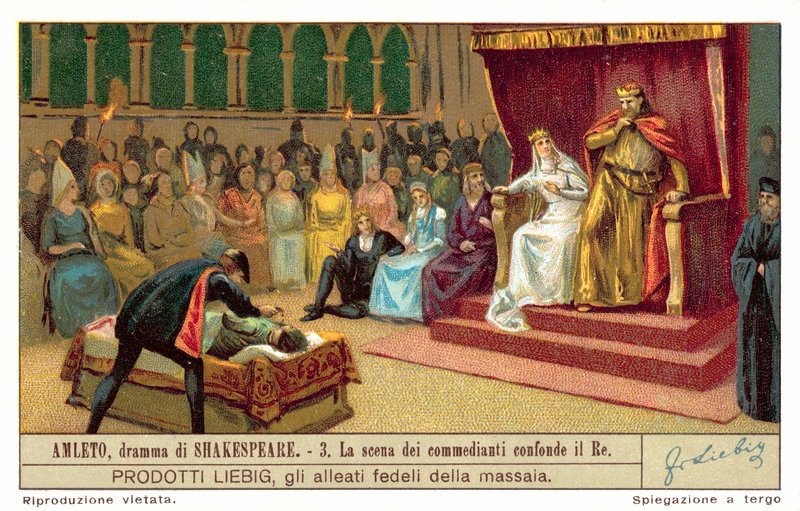 Claudius reaguje na scénu zobrazující vraždu krále hráče (chromolitho) od European School