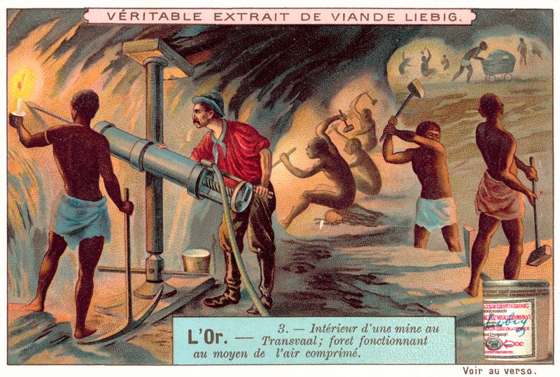 Vrták na stlačený vzduch ve zlatém dole v Transvaal (chromolitho) od European School