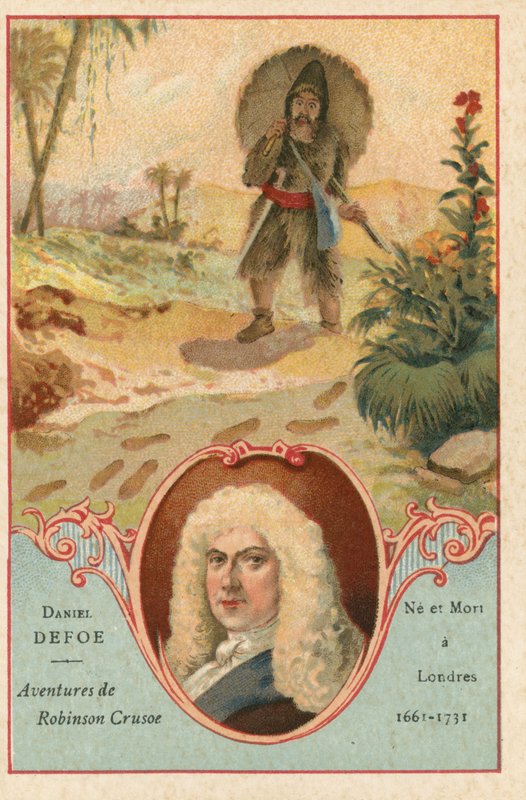 Daniel Defoe, anglický romanopisec, a scéna z Robinsona Crusoe od European School