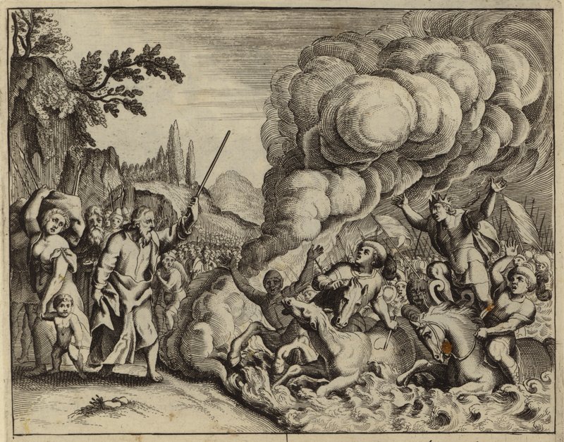 Utopení faraonovy armády ve vodách Rudého moře (rytina) od European School