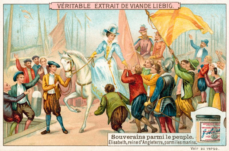 Alžběta I. Anglická mezi námořníky svého námořnictva (chromolitho) od European School