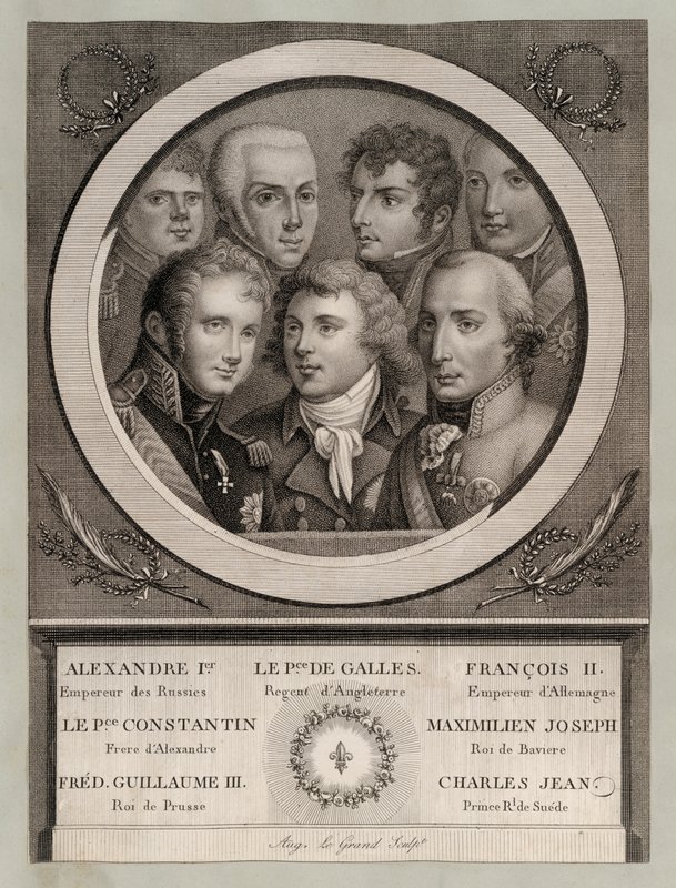 Evropská královská rodina počátku 19. století: František II., císař Svaté říše římské, ruský velkokníže Konstantin Pavlovič, Maxmilián Josef, bavorský král a kurfiřt Pa od European School
