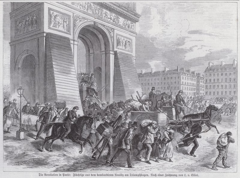 Uprchlíci z bombardování Neuilly francouzskou armádou kolem Vítězného oblouku, Pařížská komuna, duben 1871 (rytina) od European School