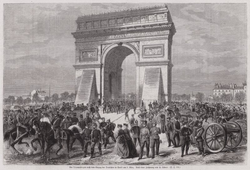 Němečtí vojáci u Arc de Triomphe, Paříž, po zajištění vítězství ve francouzsko-pruské válce, 2. března 1871 (rytina) od European School