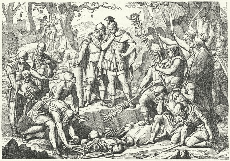 Germanicus pohřbívající kosti vojáků tří římských legií, kterým velel Publius Quinctilius Varus, zničené Germány v bitvě u Teutoburského lesa v roce 9 př. n. l. (rytina) od European School