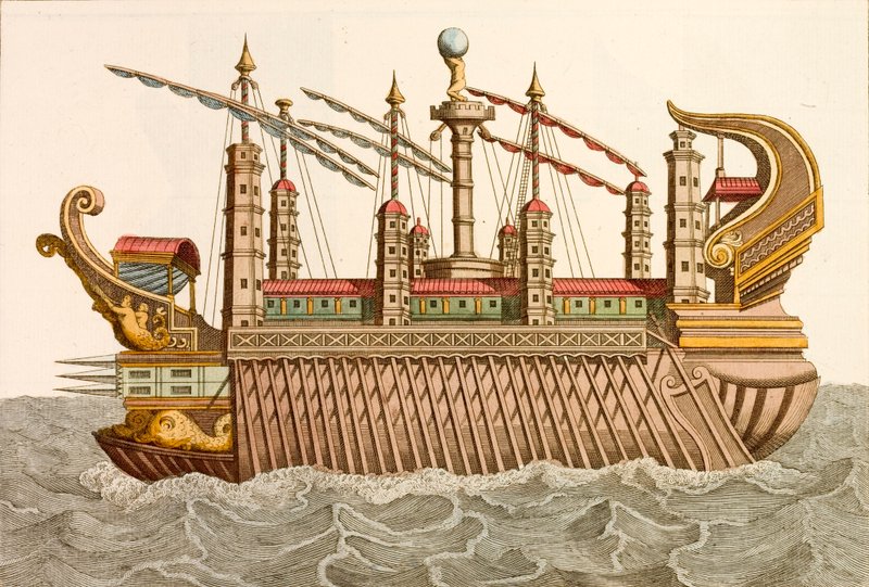 Obří člun římského císaře Caliguly (barevná rytina) od European School