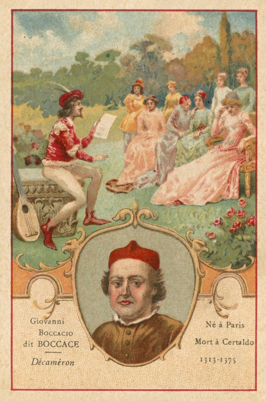 Giovanni Boccaccio, italský spisovatel a básník, a scéna z Dekameronu od European School