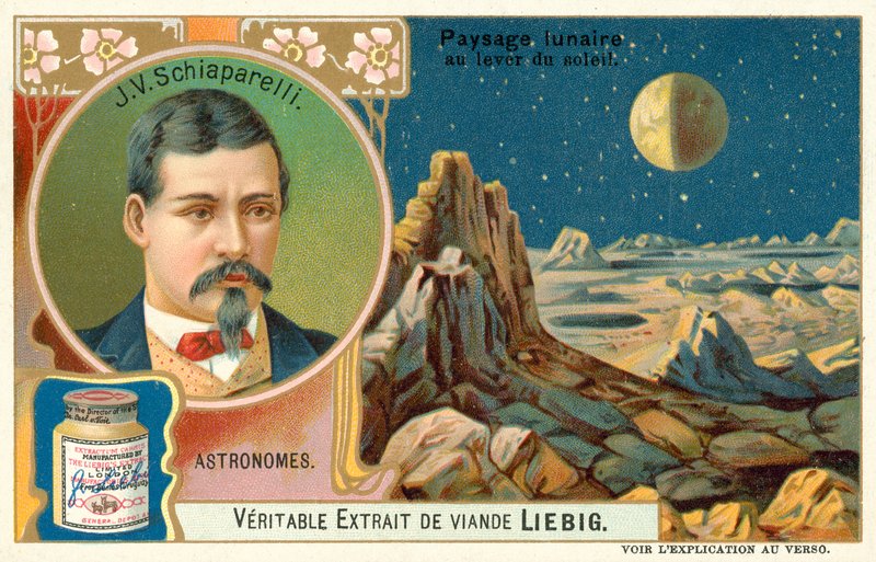 Giovanni Schiaparelli a povrch Měsíce při východu Slunce (chromolitho) od European School