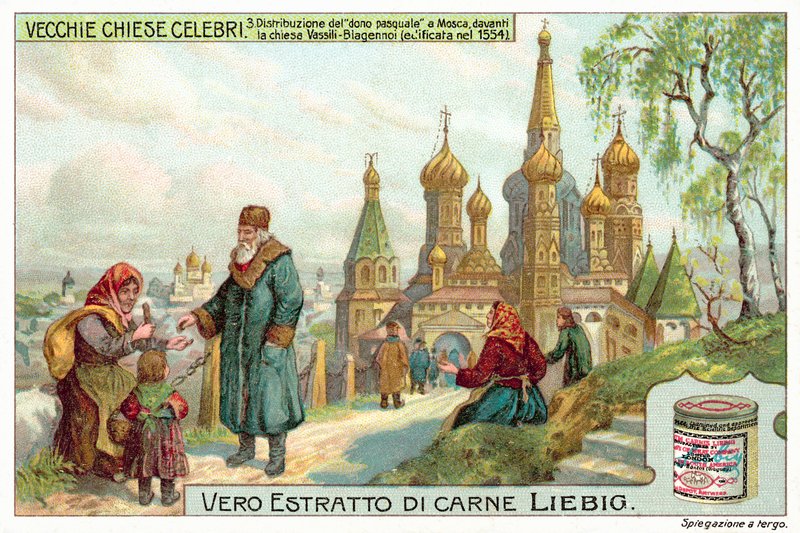 Rozdávání velikonočních almužen před katedrálou Vasila Blaženého v Moskvě (chromolitho) od European School