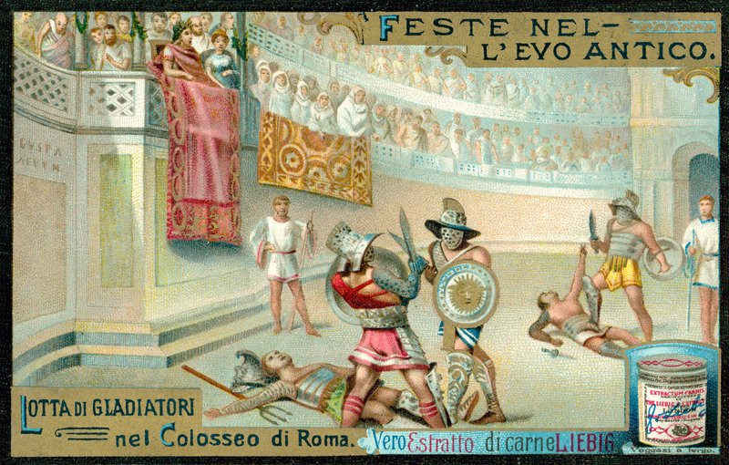 Gladiátorský boj v Koloseu, Řím (chromolitho) od European School