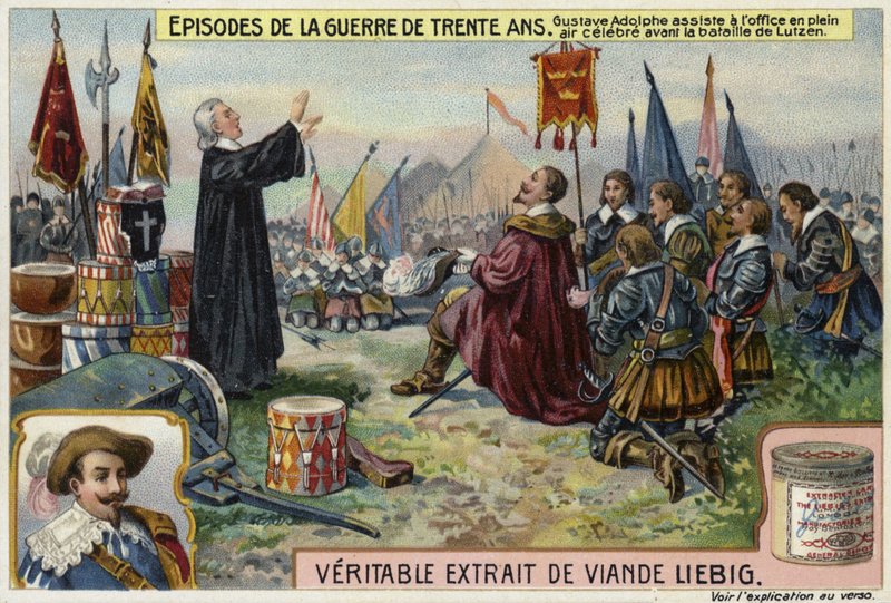 Gustavus Adolphus ze Švédska se účastní bohoslužby pod širým nebem před bitvou u Lutzen, Německo, 1632 od European School