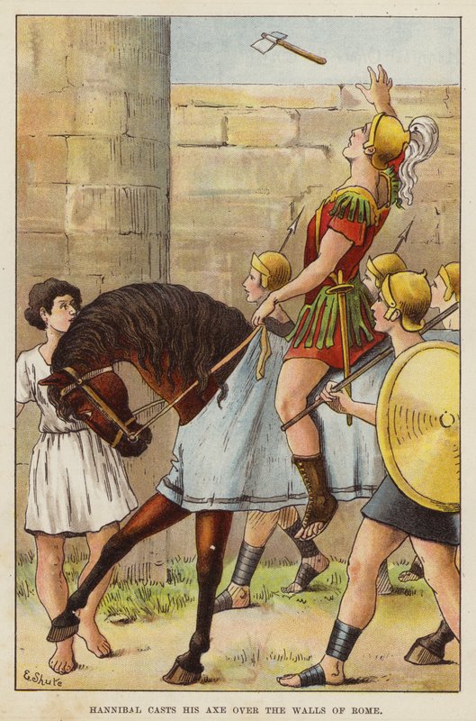 Hannibal vrhá svou sekeru přes hradby Říma (chromolitho) od European School