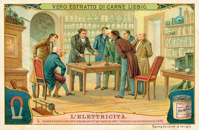 Hans Christian Oersted ukazuje svým přátelům odchylku magnetické střelky pod vlivem elektrického proudu, 1820 od European School