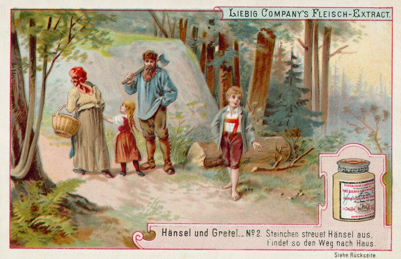 Jeníček a Mařenka: Jeníček zanechávající oblázkovou stopu, aby našel cestu domů (chromolitho) od European School