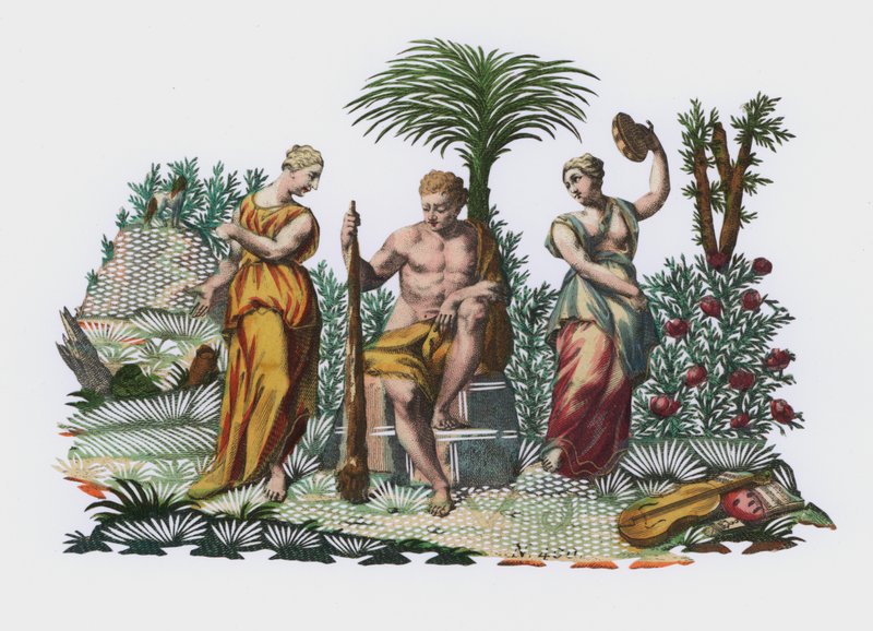 Herakles v zahradě (barevná rytina) od European School