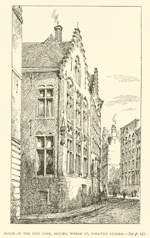 Dům šišky, Bruggy, kde pobýval svatý Ignác (rytina) od European School