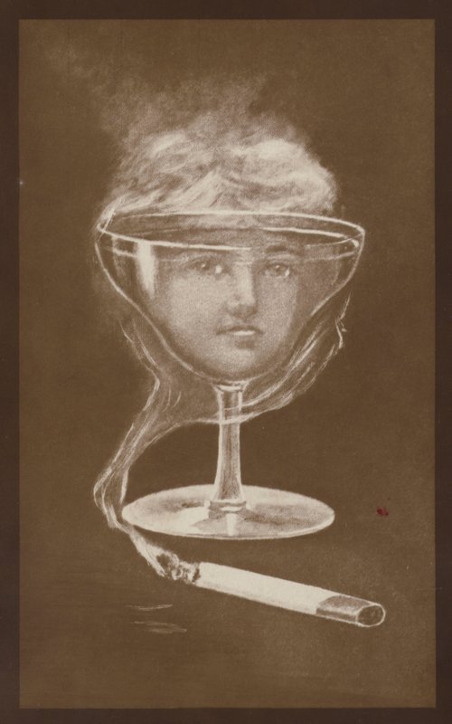 Obrázek ženské tváře, vytvořený sklenicí vína a cigaretovým kouřem, cca 1917 (litografie) od European School
