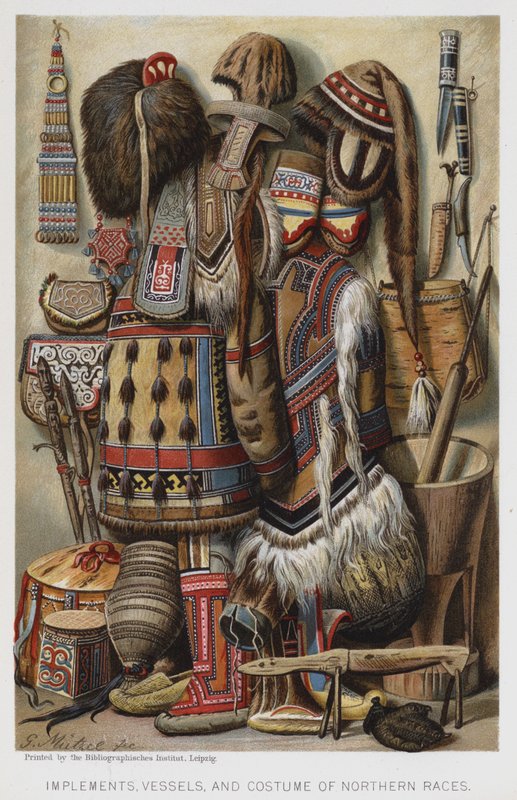 Nářadí, nádoby a kostýmy severních ras (chromolitho) od European School