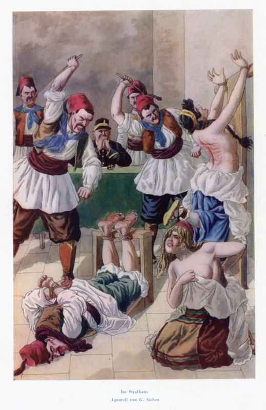 V domě trestu: dvě ženy a muž jsou biti (barevná litografie) od European School