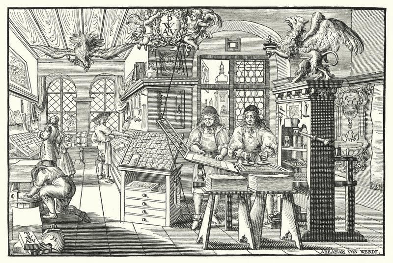 Interiér dílny knihtiskaře, c1676 (rytina) od European School