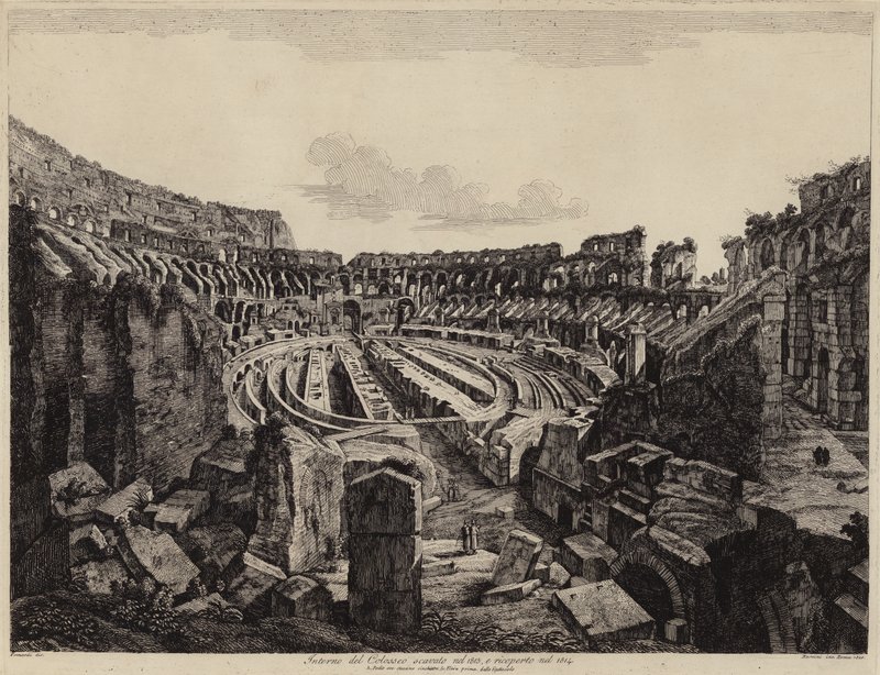 Interiér Kolosea v Římě, vykopaný v roce 1813 a otevřen v roce 1814 (rytina) od European School