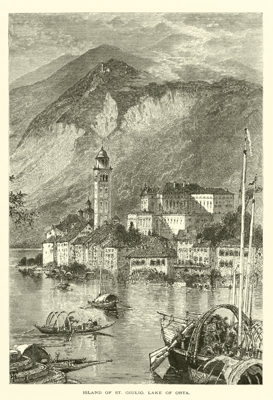 Ostrov St Giulio, jezero Orta (rytina) od European School