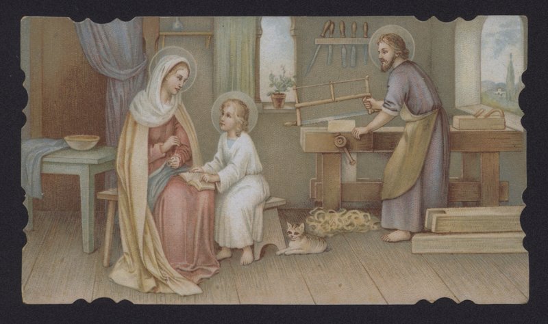 Ježíš Kristus jako chlapec se svou matkou Marií v Josefově truhlárně (chromolitho) od European School