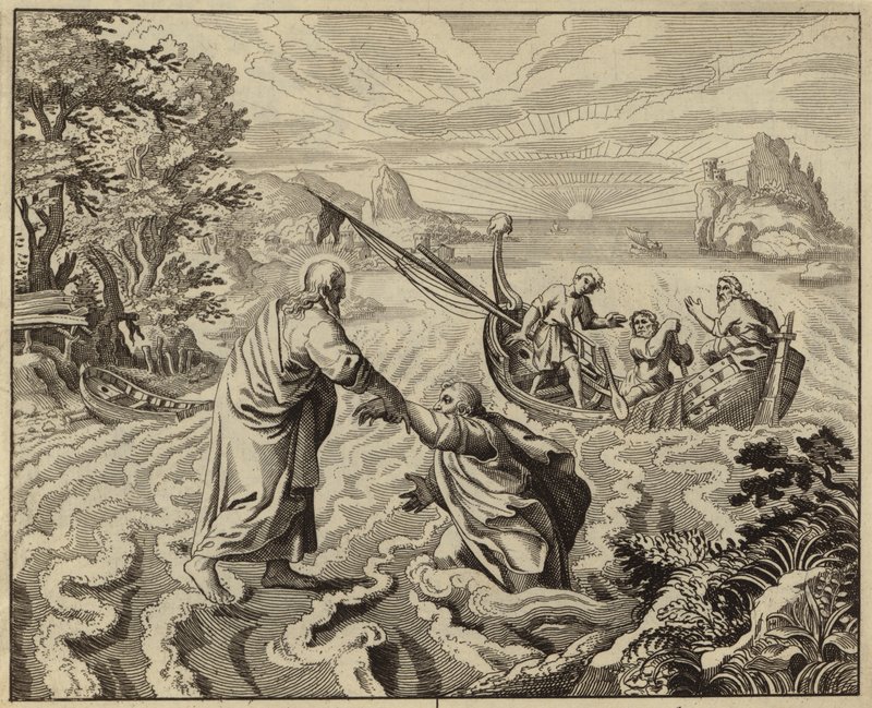 Ježíš Kristus kráčí po Galilejském jezeře (rytina) od European School