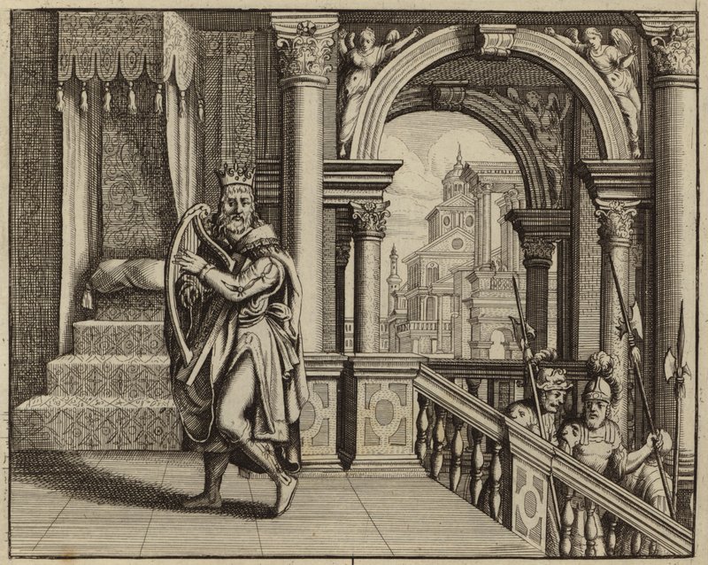 Král David hrající na harfu (rytina) od European School