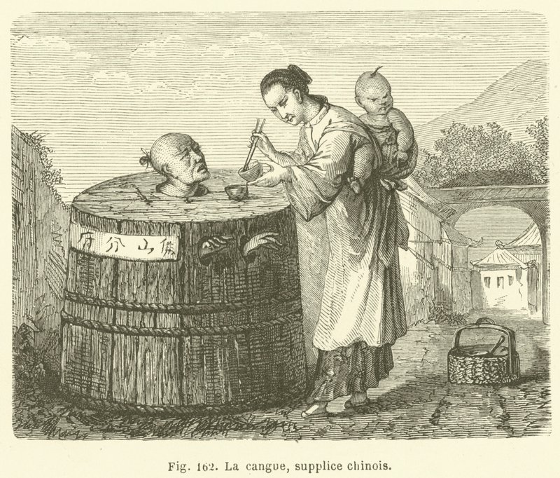 Cangue, čínské mučení (rytina) od European School