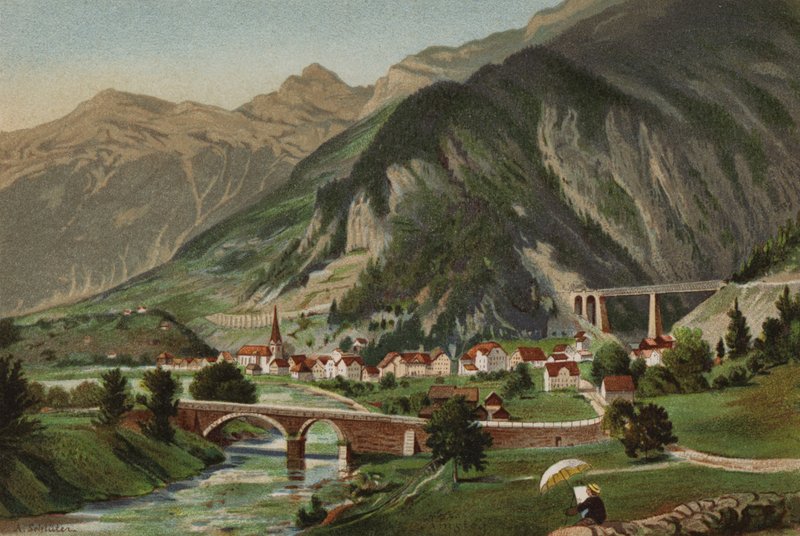 Lucernské jezero: Amsteg (barevná litografie) od European School